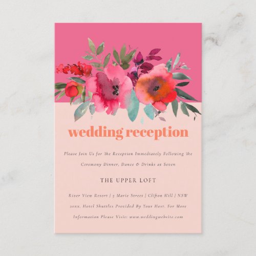 Boho Hot Pink Watercolor Floral Wedding Reception Enclosure Card