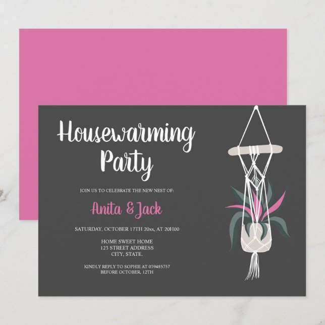 Boho house plants floral gray pink housewarming invitation (Front/Back)