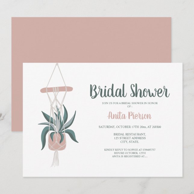 Boho house plants floral green pink bridal shower invitation (Front/Back)