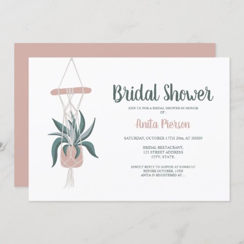 Boho house plants floral green pink bridal shower invitation