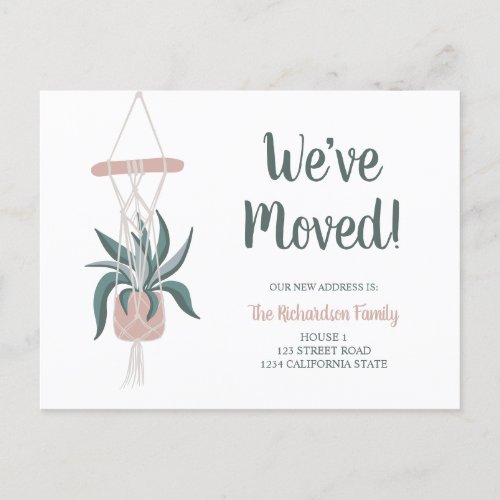 Boho house plants floral green pink moving announcement postcard