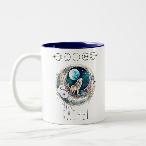Boho Howling Wolf With Lunar Phases Of The Moon Two_Tone Coffee Mug