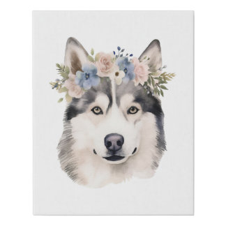 Boho Husky Dog Flower Crown Watercolor Faux Canvas Print