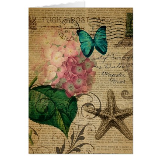 boho Hydrangea butterfly starfish French Botanical Cards (Front)