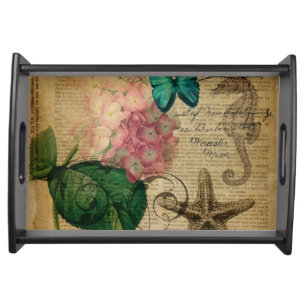 boho Hydrangea butterfly starfish French Botanical Serving Tray