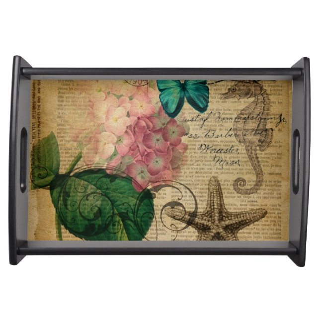 boho Hydrangea butterfly starfish French Botanical Serving Tray (Front)