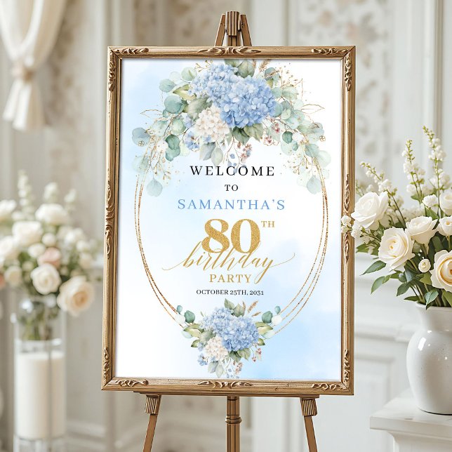 Boho Hydrangeas Dusty Blue Charm 80th birthday  Poster (Boho Hydrangeas Dusty Blue Charm 80th birthday welcome)
