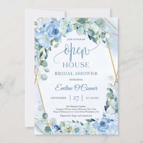 Boho Ice blue floral eucalyptus  gold Open House Invitation