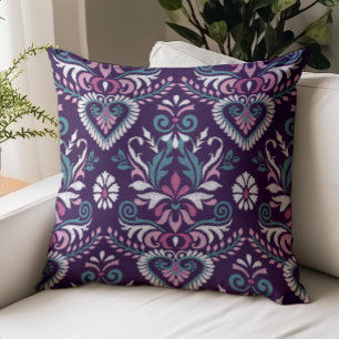 Boho Ikat Floral Pattern Purple Teal Throw Pillow