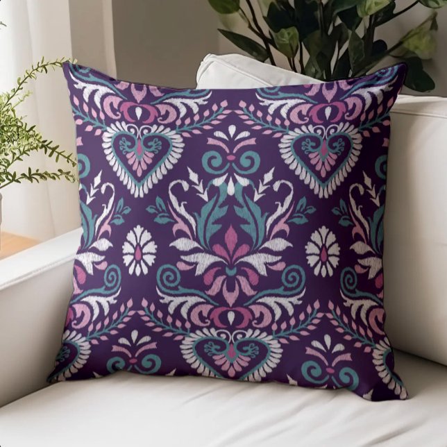 Boho Ikat Floral Pattern Purple Teal Throw Pillow (Creator Uploaded)