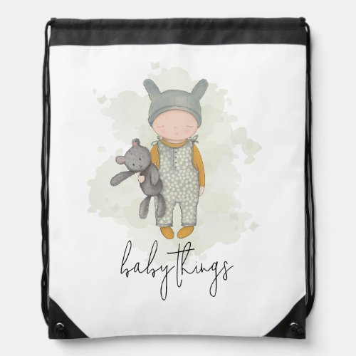 Boho Illustration Cute Baby Bear Sage Drawstring Bag