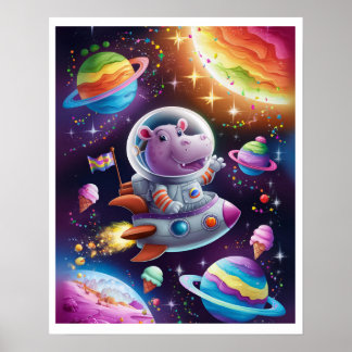 Boho Illustration Hippopotamus in Space Poster