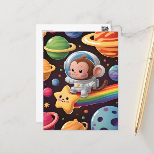 Boho Illustration Monkey navigating through Space Postcard