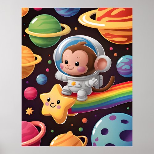 Boho Illustration Monkey navigating through Space Poster