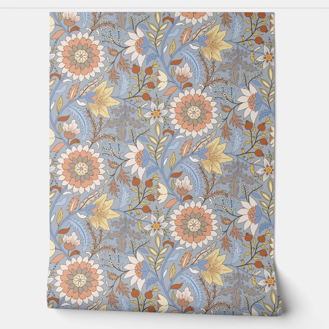 Boho Indian floral with blue grey background Wallpaper (Unrolling)