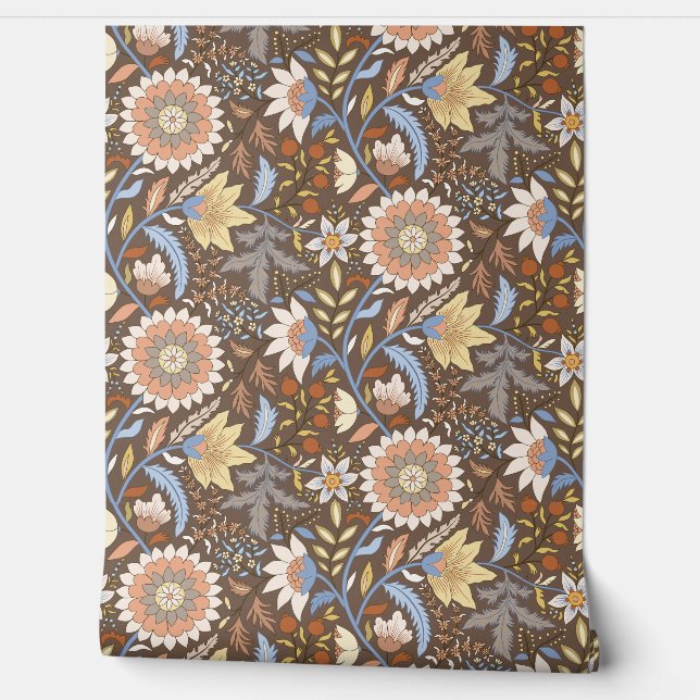 Boho Indian floral with brown background Wallpaper (Unrolling)