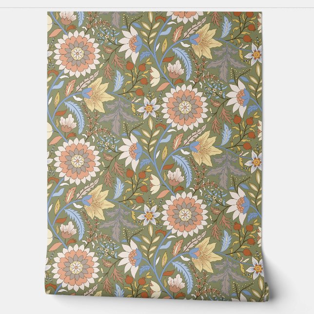 Boho Indian floral with olive green background Wallpaper (Unrolling)