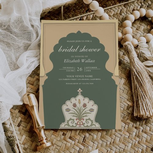 Boho Indian Ivory Arch Sage Green Bridal Shower Invitation