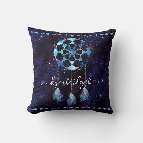 Boho Indigo Celestial Mandala Dreamcatcher Name Throw Pillow