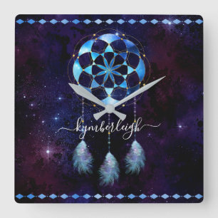 Boho Indigo Tribal Celestial Mandala Dreamcatcher Square Wall Clock