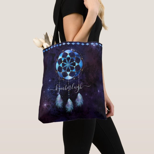 Boho Indigo Tribal Celestial Mandala Dreamcatcher Tote Bag (Close Up)