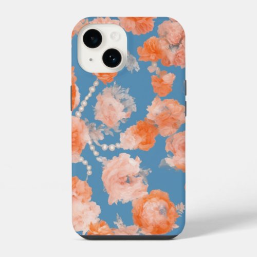 Boho inspired orange design with pearls floral  iPhone 14 case