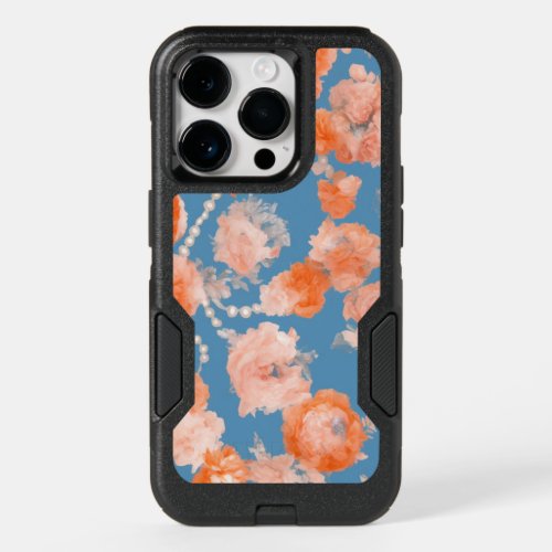 boho inspired orange floral design with pearls OtterBox iPhone 14 pro case