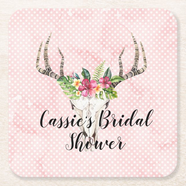 Boho Island Skull Bridal Shower   Square Paper Coaster (Front)