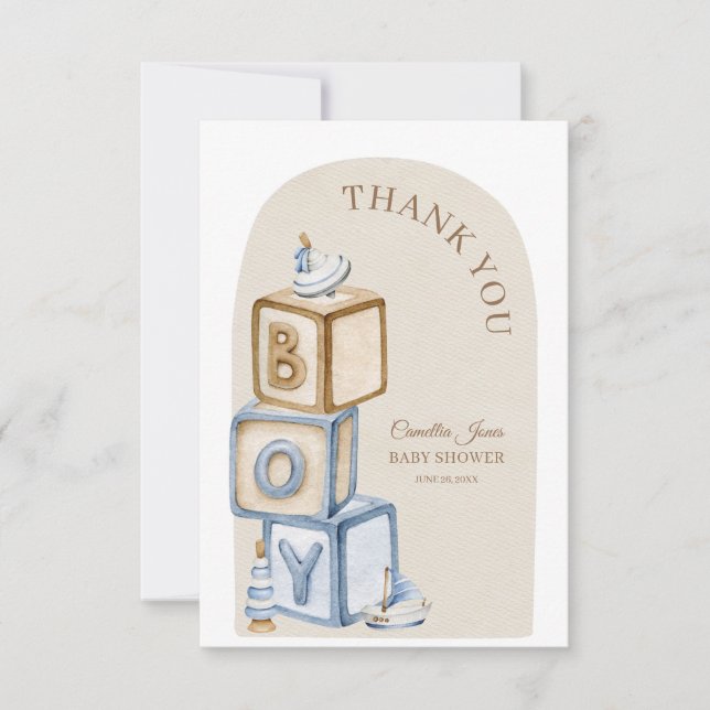 Boho It's A Boy Blocks And Toys Baby Shower  Thank You Card (Front)