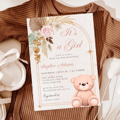 Boho Its a Girl Teddy Bear Pink Baby Shower Invitation