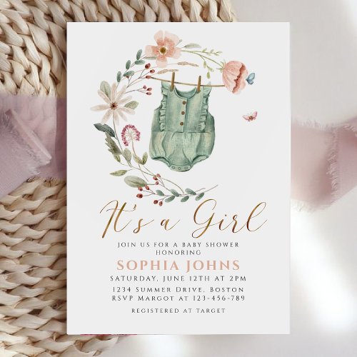 Boho Its a Girl Wildflower Clothes Baby Shower Invitation