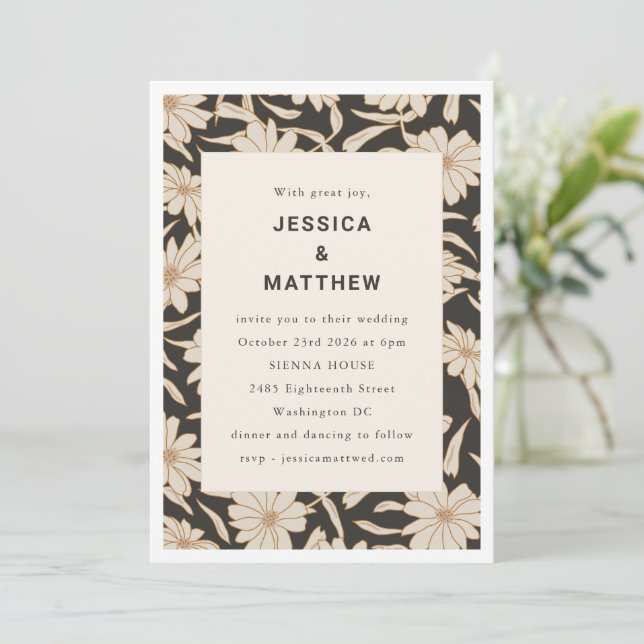 Boho Ivory and Black Floral Modern Unique Wedding Invitation (Standing Front)