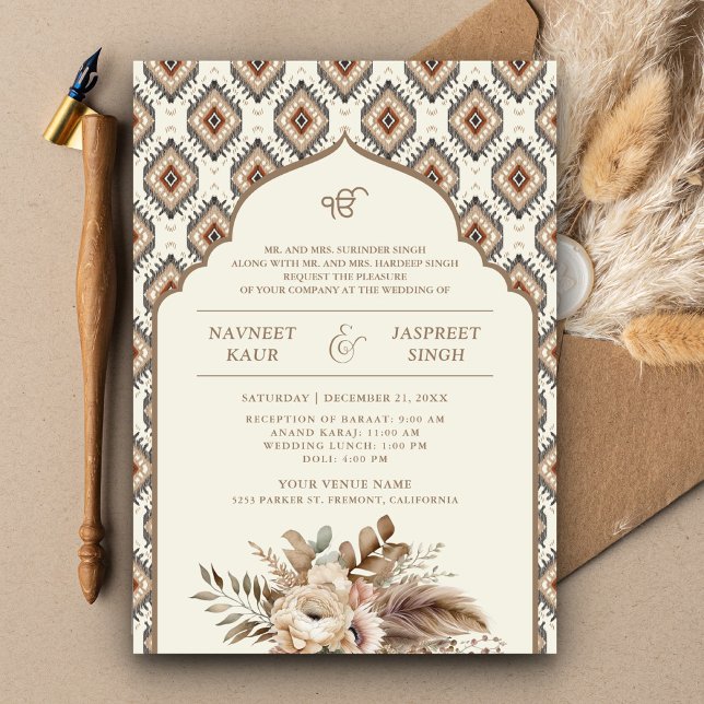 Boho Ivory Beige Ikat Anand Karaj Sikh Wedding Invitation (Creator Uploaded)