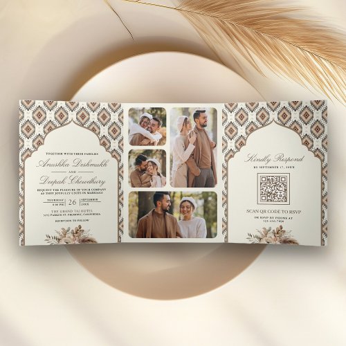 Boho Ivory Beige Ikat Photo Collage Indian Wedding Tri_Fold Invitation