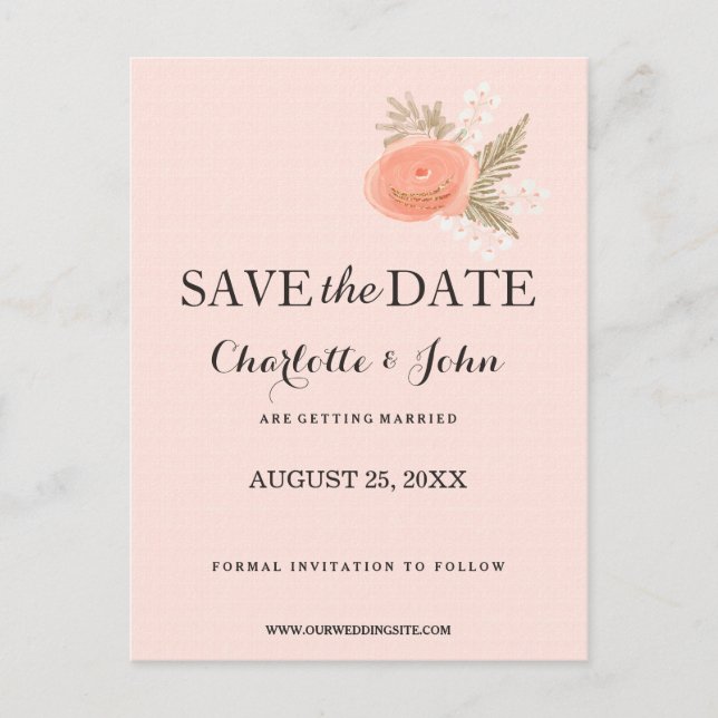 boho  ivory blush gold floral save the dates announcement postcard (Front)