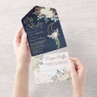 Boho Ivory Floral Gold Moon Navy Blue Baby Shower All In One Invitation