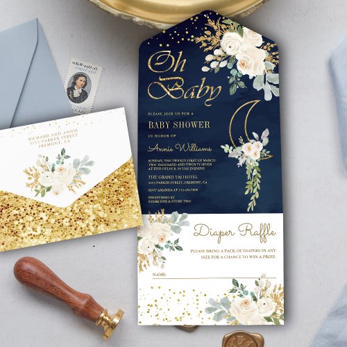 Boho Ivory Floral Gold Moon Navy Blue Baby Shower All In One Invitation