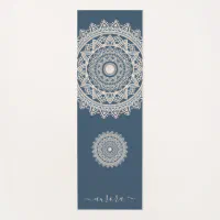 Boho White Lace Mandala in Gray Blue Yoga Mat