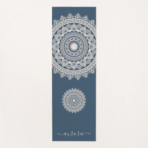 Boho Ivory Mandala on Blue Custom Name Yoga Mat