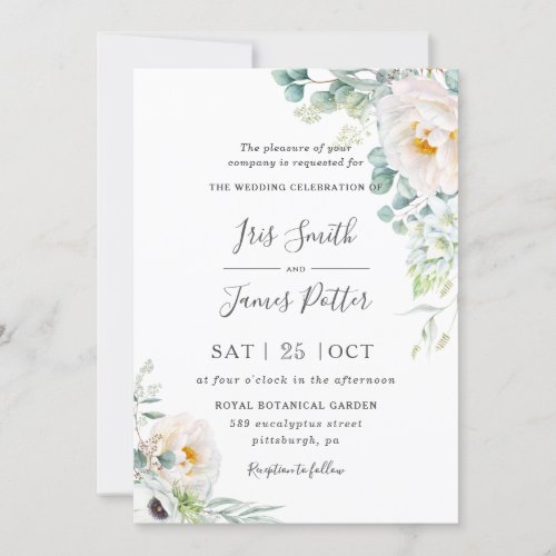 Boho Ivory Peony Roses Floral Greenery Wedding  Invitation