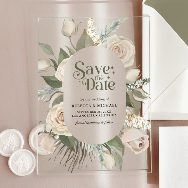 Boho Ivory Roses Sage Green Wedding Save the Date (Creator Uploaded)
