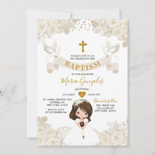 Boho Ivory White Floral Girl Baptism Christening Invitation