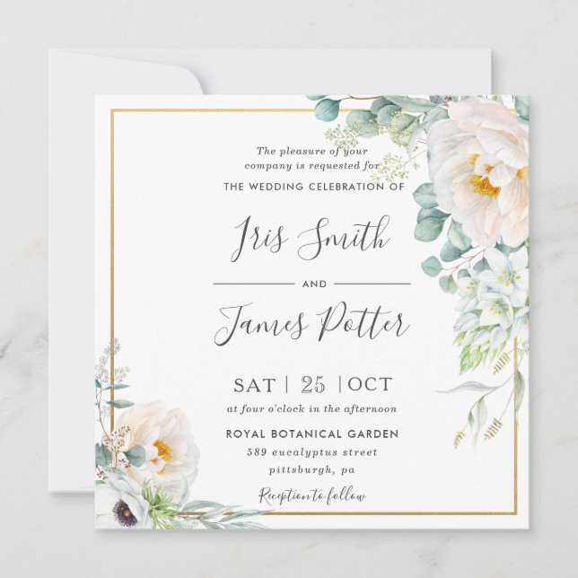 Boho Ivory White Peony Floral Eucalyptus Wedding  Invitation (Front)