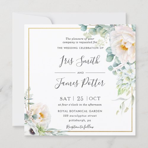 Boho Ivory White Peony Floral Eucalyptus Wedding  Invitation