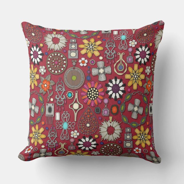 boho jewel treasures red throw pillow (Front)