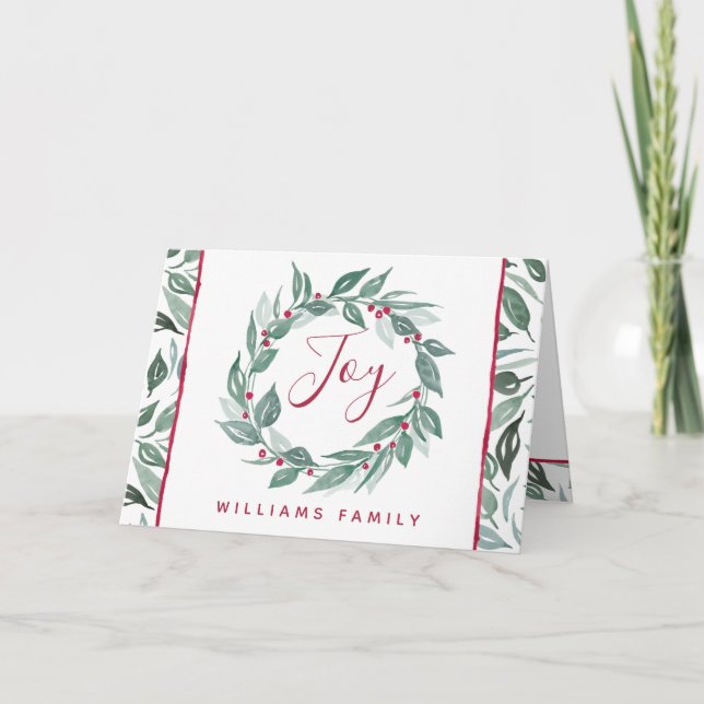 Boho Joy Greenery Wreath Red Berries Family Name Holiday Card (Front)