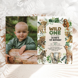 Boho Jungle Animals Wild One 1st Birthday Photo Invitation