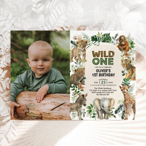 Boho Jungle Animals Wild One 1st Birthday Photo Invitation