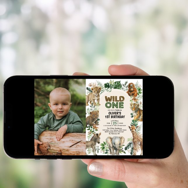 Boho Jungle Animals Wild One 1st Birthday Photo Invitation (Front Digital)