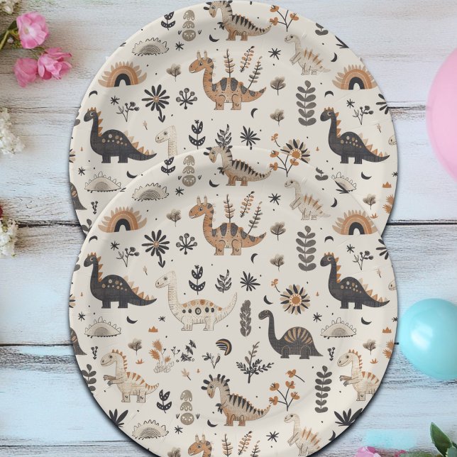 Boho Jungle Dinosaur Pattern Birthday Paper Plates (Creator Uploaded)